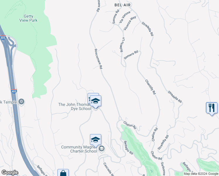 map of restaurants, bars, coffee shops, grocery stores, and more near 1117 Roscomare Road in Los Angeles