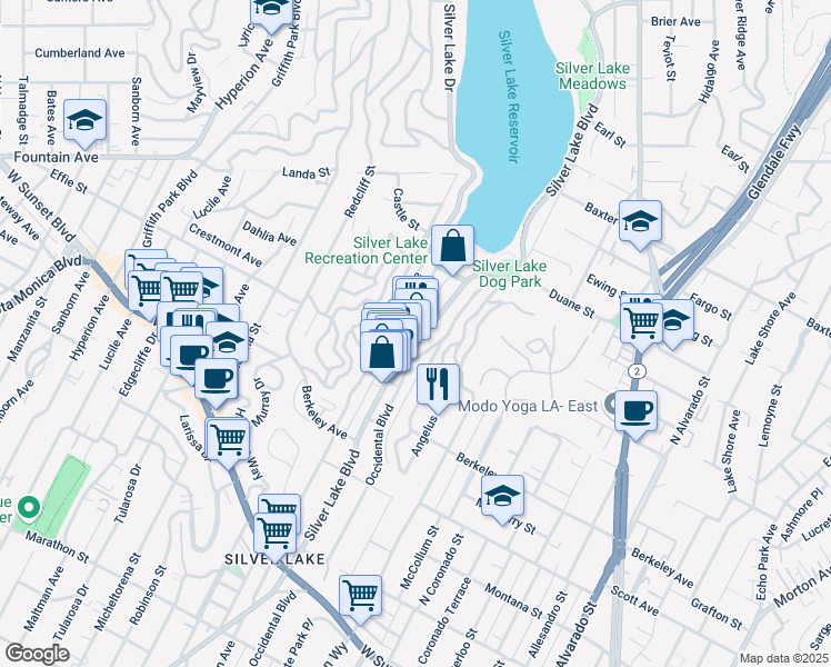 map of restaurants, bars, coffee shops, grocery stores, and more near 1733 Silver Lake Boulevard in Los Angeles