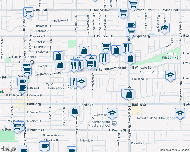 map of restaurants, bars, coffee shops, grocery stores, and more near 637 East Ruddock Street in Covina