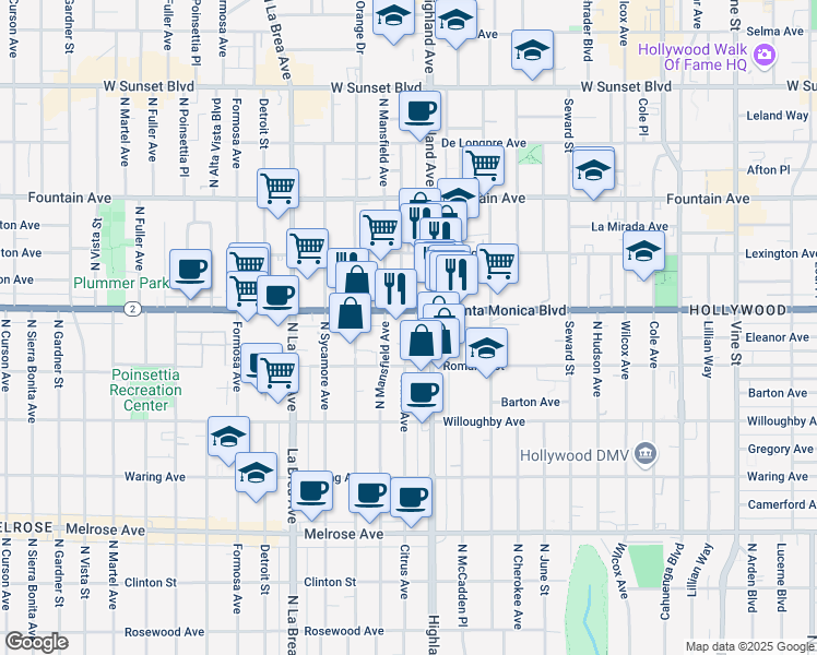 map of restaurants, bars, coffee shops, grocery stores, and more near 6830 Santa Monica Boulevard in Los Angeles