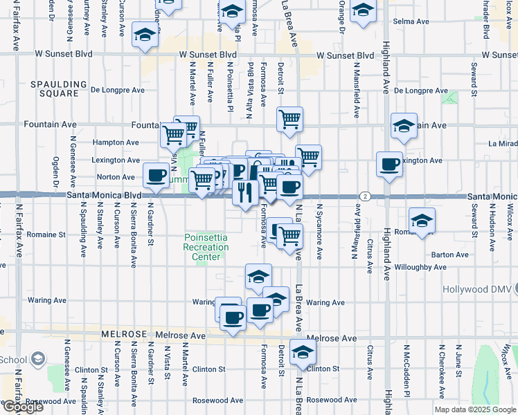 map of restaurants, bars, coffee shops, grocery stores, and more near in West Hollywood