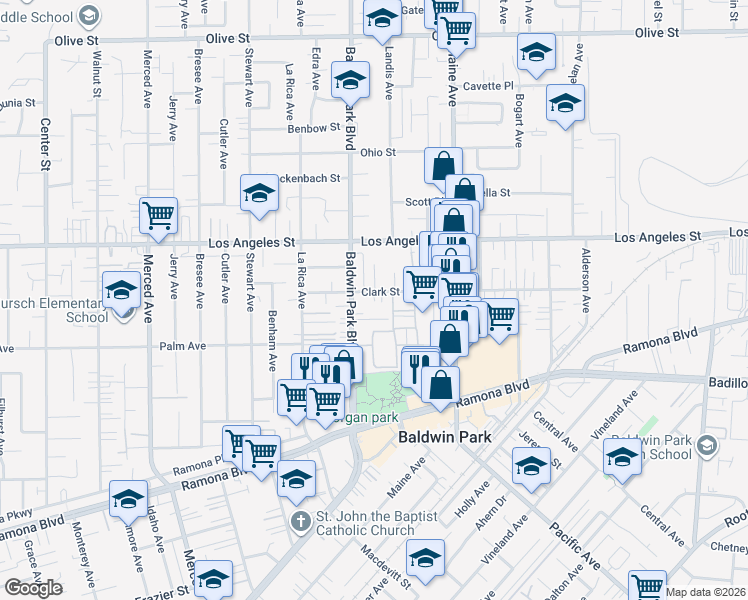 map of restaurants, bars, coffee shops, grocery stores, and more near 4302 Baldwin Park Boulevard in Baldwin Park