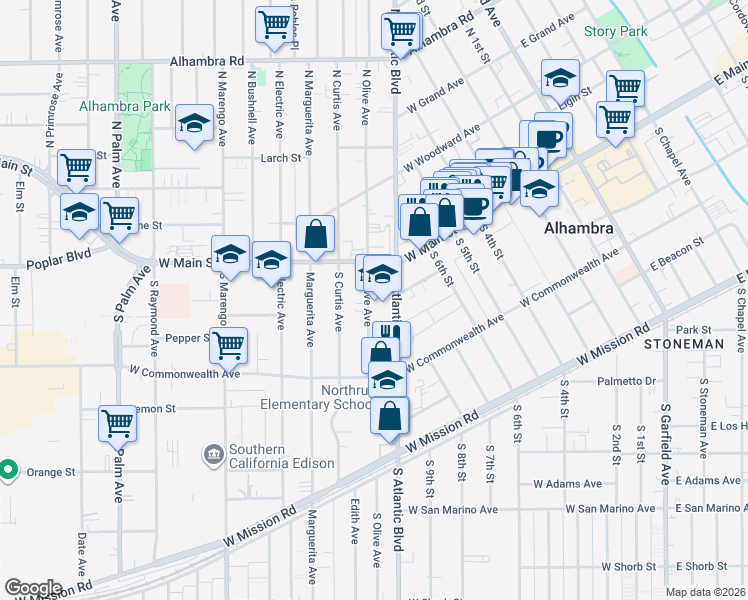 map of restaurants, bars, coffee shops, grocery stores, and more near 2 Alhambra Road in Alhambra