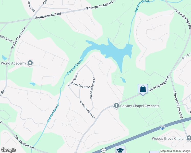 map of restaurants, bars, coffee shops, grocery stores, and more near 4815 Brandon Acres Lane in Buford