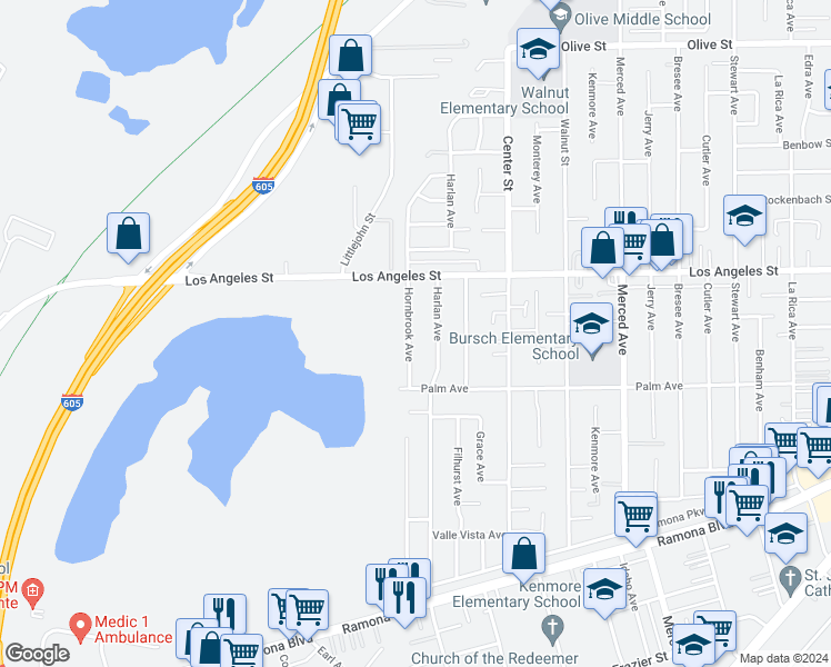 map of restaurants, bars, coffee shops, grocery stores, and more near 4302 Hornbrook Avenue in Baldwin Park