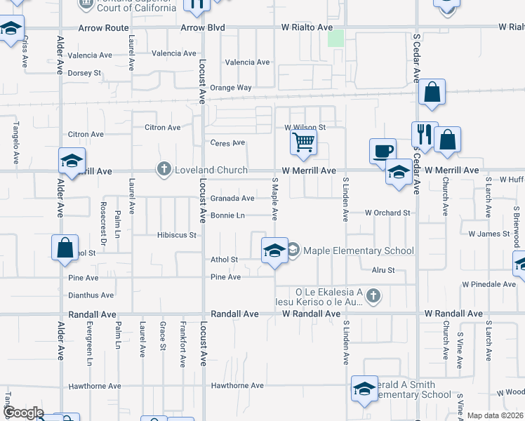 map of restaurants, bars, coffee shops, grocery stores, and more near 18260 Bonnie Lane in Fontana