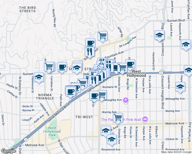map of restaurants, bars, coffee shops, grocery stores, and more near 8530 Holloway Drive in West Hollywood