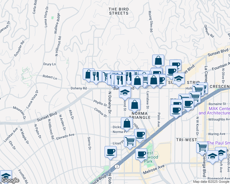 map of restaurants, bars, coffee shops, grocery stores, and more near 9040 Sunset Boulevard in West Hollywood