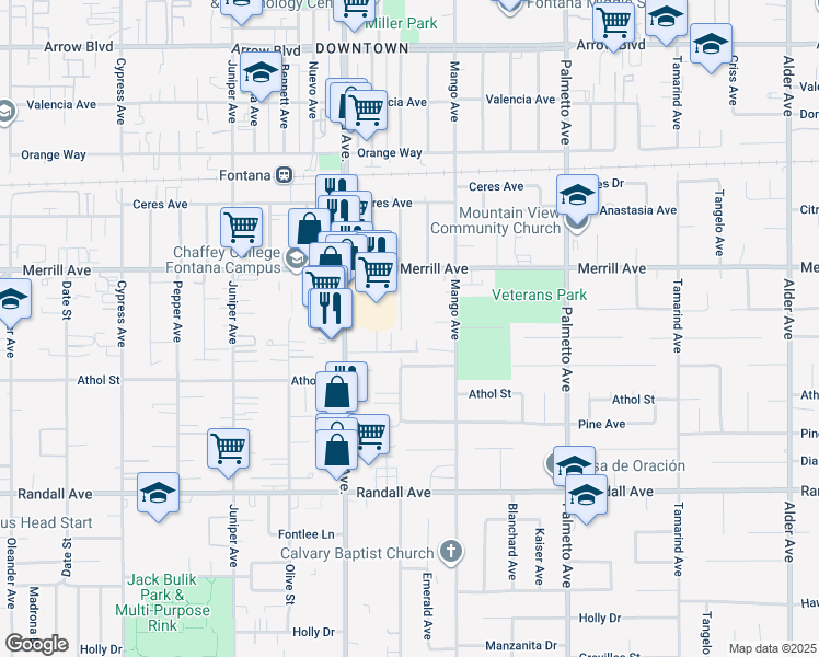 map of restaurants, bars, coffee shops, grocery stores, and more near 8986 Newport Avenue in Fontana