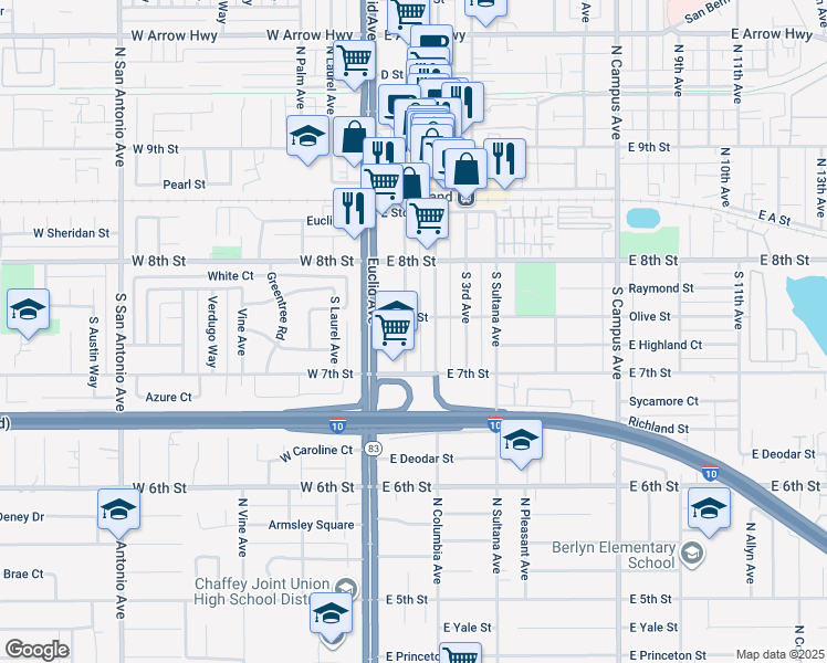 map of restaurants, bars, coffee shops, grocery stores, and more near 116 Olive Street in Upland