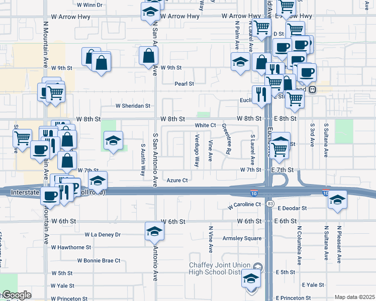 map of restaurants, bars, coffee shops, grocery stores, and more near 313 South Van Ness Avenue in Upland