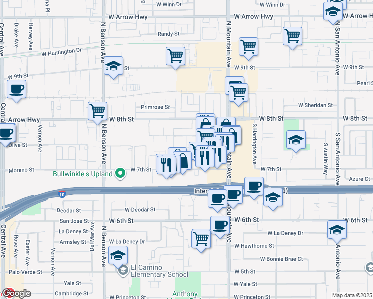 map of restaurants, bars, coffee shops, grocery stores, and more near 300 Stillman Avenue in Upland