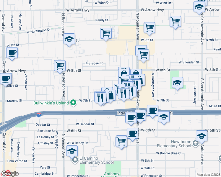 map of restaurants, bars, coffee shops, grocery stores, and more near 300 Stillman Avenue in Upland
