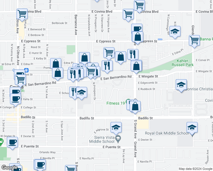 map of restaurants, bars, coffee shops, grocery stores, and more near 676 East San Bernardino Road in Covina