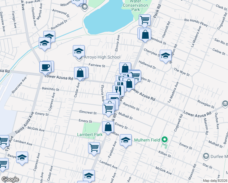 map of restaurants, bars, coffee shops, grocery stores, and more near 11510 Lower Azusa Road in El Monte
