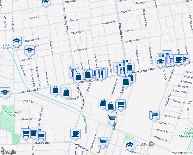 map of restaurants, bars, coffee shops, grocery stores, and more near 9711 Windsor Lane in Temple City