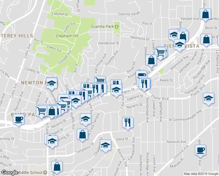 map of restaurants, bars, coffee shops, grocery stores, and more near 5172 Almont Street in Los Angeles
