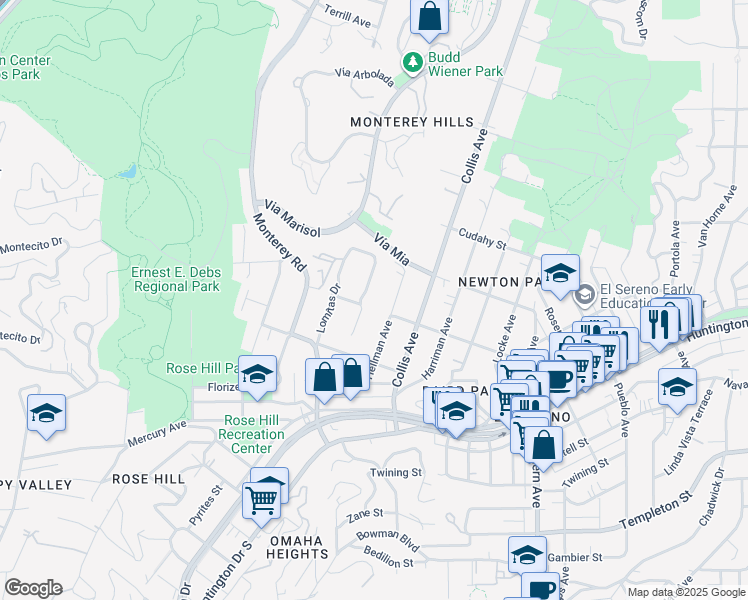 map of restaurants, bars, coffee shops, grocery stores, and more near 3822 Oak Hill Avenue in Los Angeles