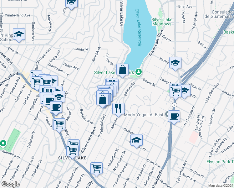 map of restaurants, bars, coffee shops, grocery stores, and more near 1753 Silver Lake Boulevard in Los Angeles