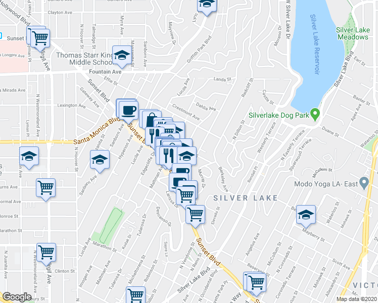 map of restaurants, bars, coffee shops, grocery stores, and more near 1606 Golden Gate Avenue in Los Angeles