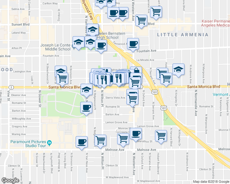 map of restaurants, bars, coffee shops, grocery stores, and more near 5630 Santa Monica Boulevard in Los Angeles