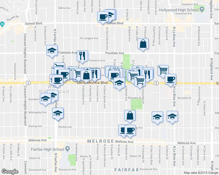 map of restaurants, bars, coffee shops, grocery stores, and more near 7496 Santa Monica Boulevard in West Hollywood