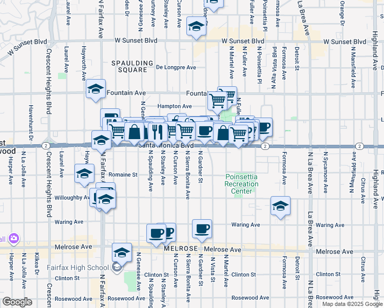 map of restaurants, bars, coffee shops, grocery stores, and more near 1065 North Sierra Bonita Avenue in West Hollywood