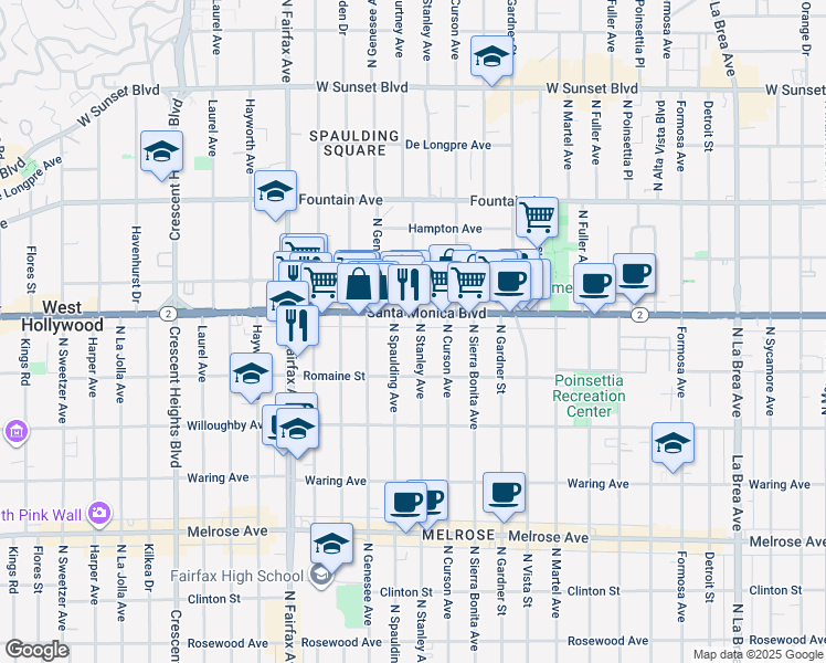 map of restaurants, bars, coffee shops, grocery stores, and more near in West Hollywood