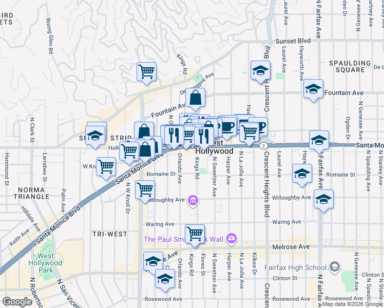 map of restaurants, bars, coffee shops, grocery stores, and more near 8350 Santa Monica Boulevard in West Hollywood