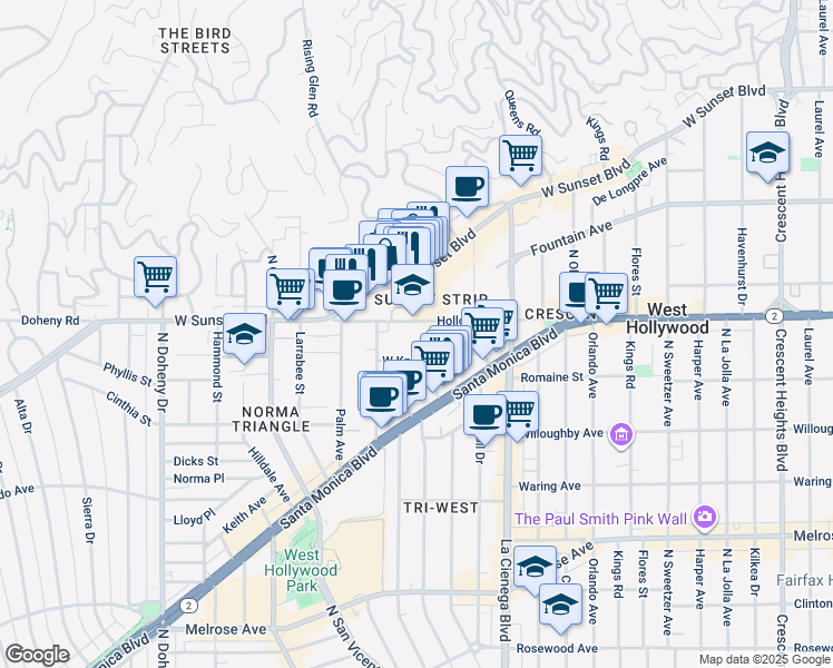 map of restaurants, bars, coffee shops, grocery stores, and more near 8628 Holloway Drive in West Hollywood