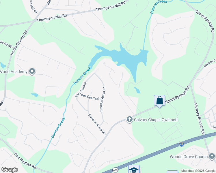 map of restaurants, bars, coffee shops, grocery stores, and more near 4815 Brandon Acres Lane in Buford