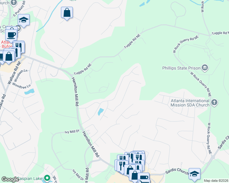 map of restaurants, bars, coffee shops, grocery stores, and more near 3980 Plantation Mill Drive in Buford