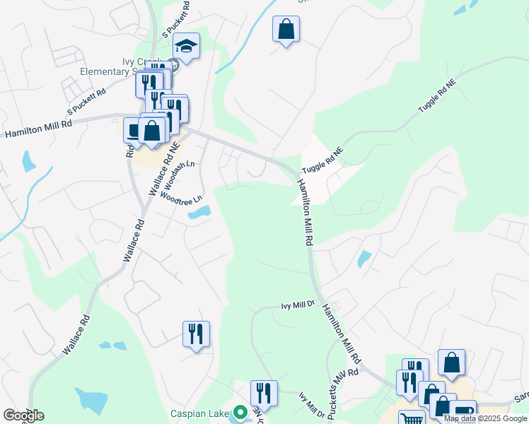 map of restaurants, bars, coffee shops, grocery stores, and more near 3104 Hamilton Mill Road in Buford
