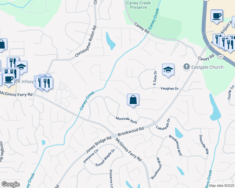 map of restaurants, bars, coffee shops, grocery stores, and more near 3665 Evonvale Glen in Cumming