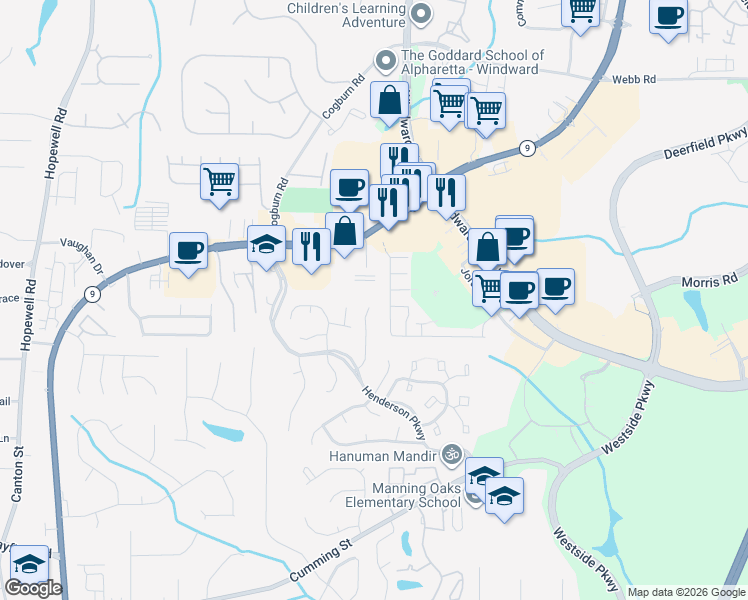map of restaurants, bars, coffee shops, grocery stores, and more near 341 Devon Court in Alpharetta