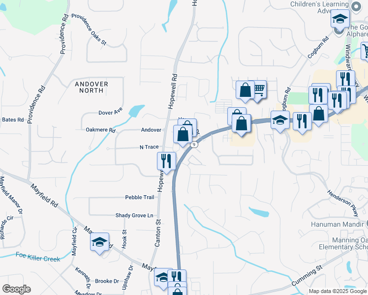 map of restaurants, bars, coffee shops, grocery stores, and more near 502 North Main Street in Alpharetta