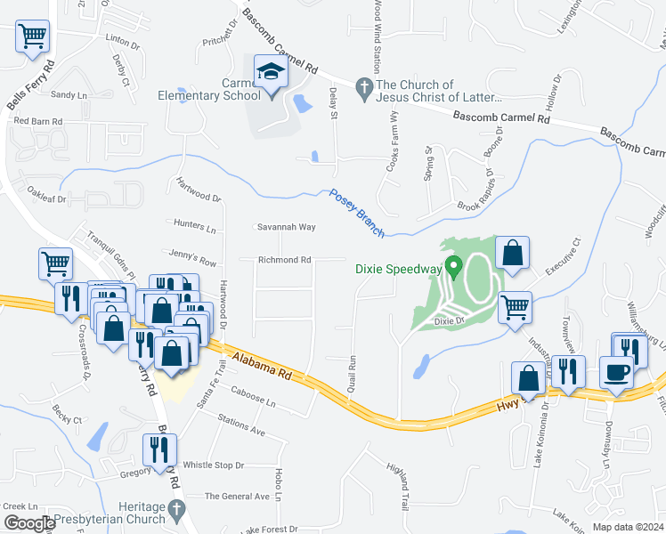 map of restaurants, bars, coffee shops, grocery stores, and more near 3032 Richmond Road in Woodstock