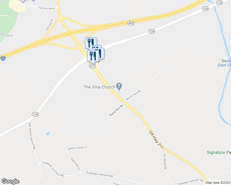 map of restaurants, bars, coffee shops, grocery stores, and more near 1897 Highway 211 in Hoschton