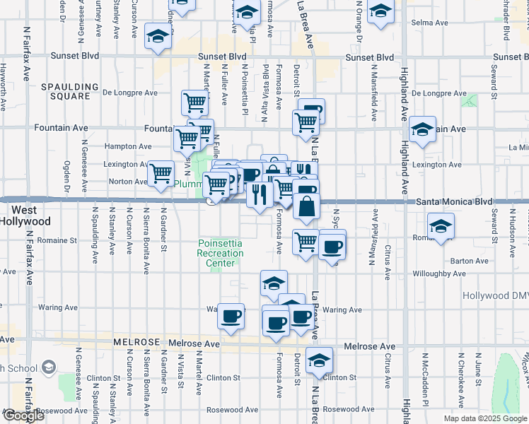 map of restaurants, bars, coffee shops, grocery stores, and more near in West Hollywood