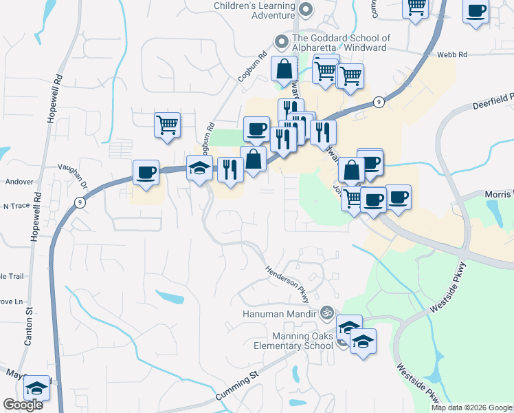 map of restaurants, bars, coffee shops, grocery stores, and more near 341 Devon Court in Alpharetta