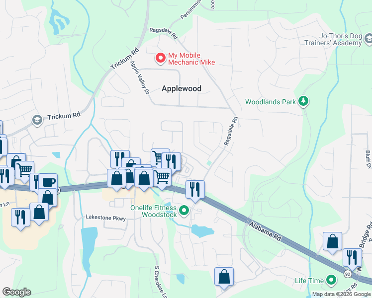 map of restaurants, bars, coffee shops, grocery stores, and more near 176 Cornerstone Circle in Woodstock
