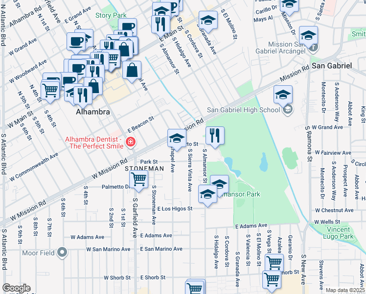 map of restaurants, bars, coffee shops, grocery stores, and more near 316 Corto Street in Alhambra