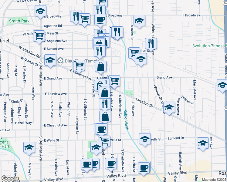 map of restaurants, bars, coffee shops, grocery stores, and more near 841 East Mission Road in San Gabriel
