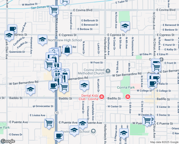map of restaurants, bars, coffee shops, grocery stores, and more near 530 North Houser Drive in Covina