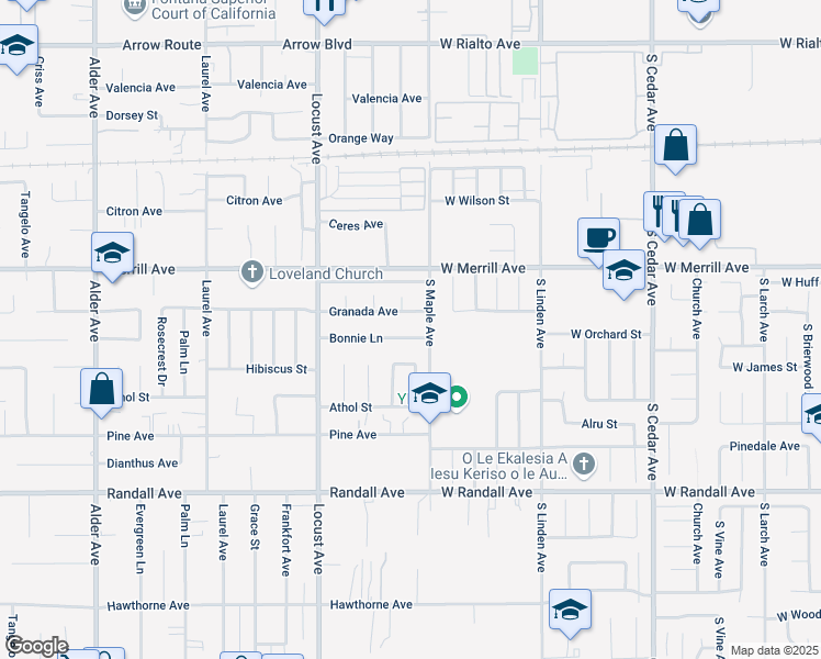 map of restaurants, bars, coffee shops, grocery stores, and more near 18260 Bonnie Lane in Fontana