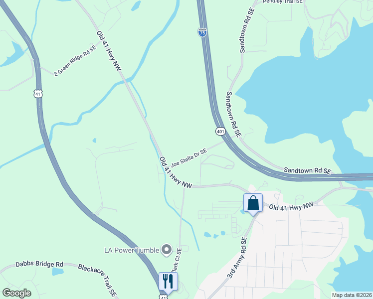 map of restaurants, bars, coffee shops, grocery stores, and more near 33 Joe Stella Drive Southeast in Cartersville
