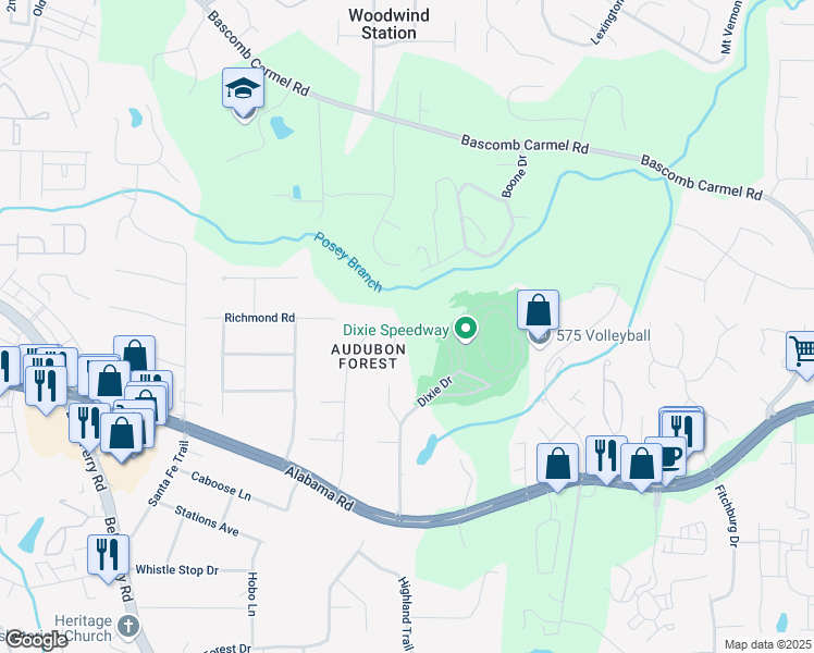 map of restaurants, bars, coffee shops, grocery stores, and more near 426 Robins Nest Court in Woodstock