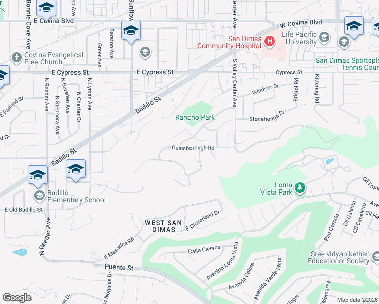 map of restaurants, bars, coffee shops, grocery stores, and more near 1650 Gainsborough Road in San Dimas