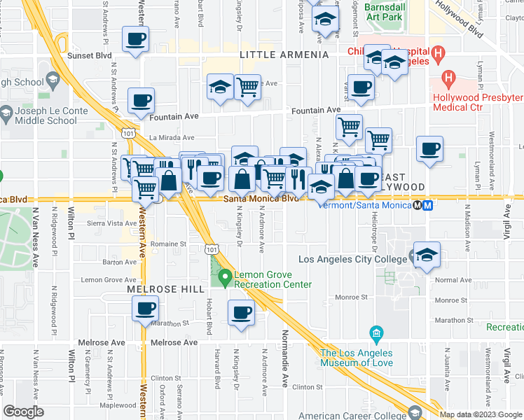 map of restaurants, bars, coffee shops, grocery stores, and more near 1057 North Ardmore Avenue in Los Angeles