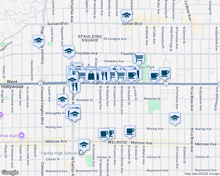 map of restaurants, bars, coffee shops, grocery stores, and more near in West Hollywood